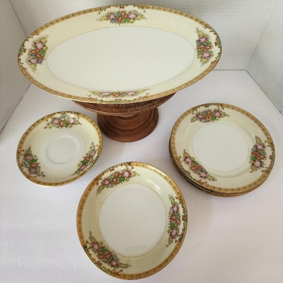 Vintage Diamond HAND PAINTED Oval platter,Dessert Plates,saucer bowls JAPAN 1938 - Picture 1 of 9